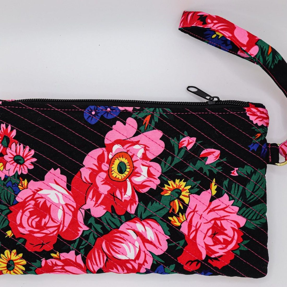 Black floral quilted wristlet