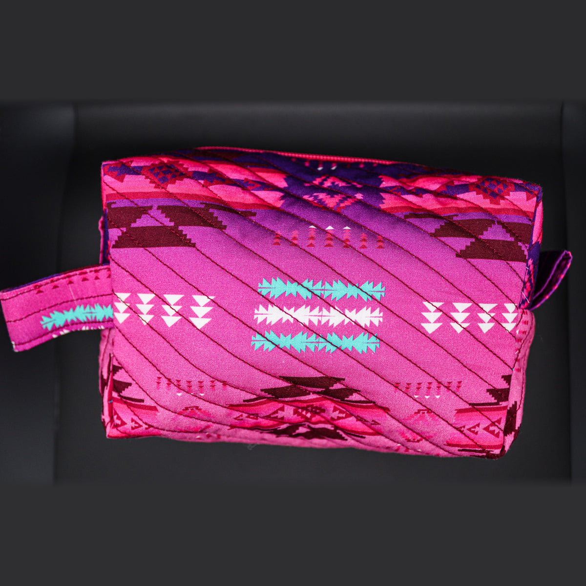 Boxy quilted bag in pink and purple, front view