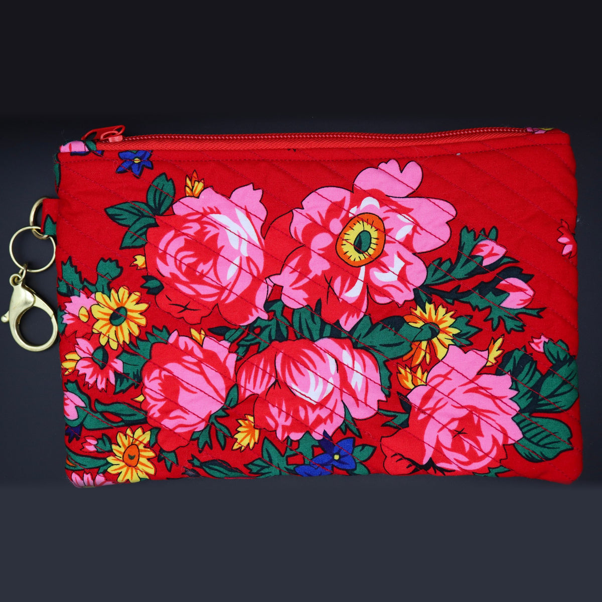 Quilted zip pouch in red with pink roses, front view