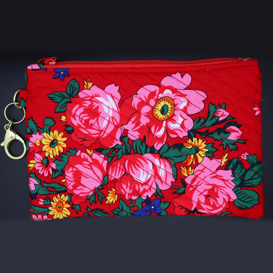 Quilted zip pouch in red with pink roses, front view